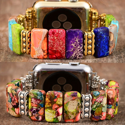Colorful Natural Stone Bracelet Beaded-Bands Compatibe With Apple Watch Series 9 8 7 6 5 4 3 2 1, Feminine Cute Handmade Elastic Stretch Beaded Strap For IWatch Bands 38mm 40mm 41mm 42mm 44mm 45mm 49mm For Apple Watch Bands F