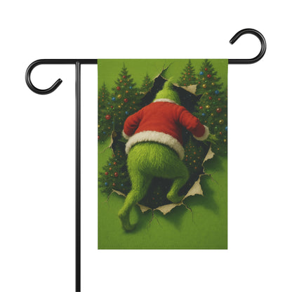 Personalizable Fuzzy Green figure Peeking Through Christmas Trees Garden Flag | House Banner