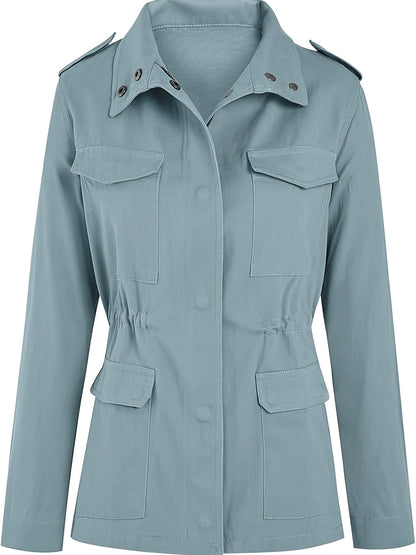 Womens Military Anorak Jacket - Zip Up Snap Button Parka Safari Utility Coat Outwear with Pockets - Durable Water-Resistant Fabric - For Outdoor Activities & Casual Wear - Perfect Gift for Adventurers & Fashionistas