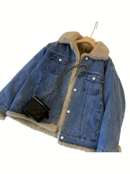 2025 Autumn And Winter Women'S Jacket Retro Plush Denim Jacket Casual Loose Thickened Casual Parka