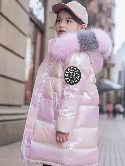 Youngsters' Cozy Pink & Purple Winter Jacket - Windproof, Warm with Detachable Faux Fur Hood, Zip-Up Long Parka for Boys & Girls - Perfect Winter Gift