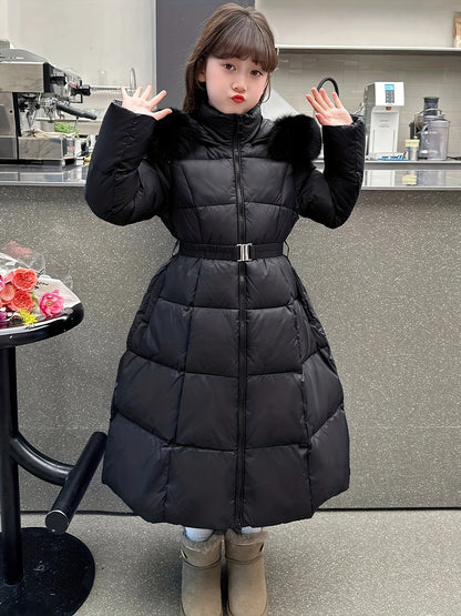 Elegant Long-Length Hooded Parka for Girls, Winter Slim Fit Puffer Coat with Belt, 100% Polyester Composition, Non-Stretch Solid Color with Flared Hem, Regular Sleeve - Kid's Outerwear