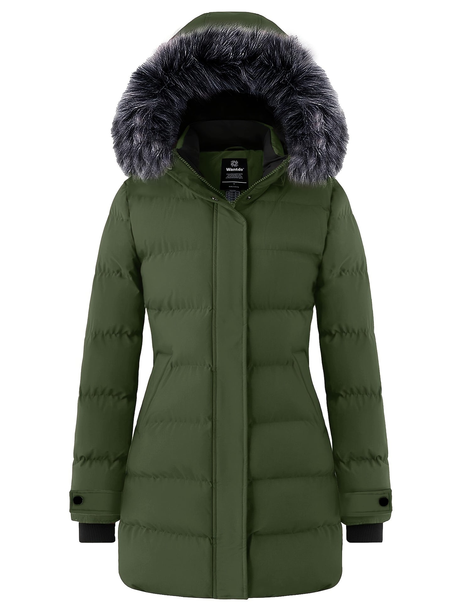 Multiple Pocket Solid Thicken Midi Padded Coat wantdo Women's Winter Puffer Parka Fashion Casual Classic Outdoor Hiking Travel Quilted Jacket Polyester Shell Faux Fur Detachable Hooded Overcoat Long Sleeve Two-way Zipper Yout