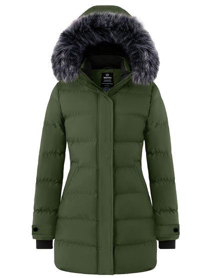 Multiple Pocket Solid Thicken Midi Padded Coat wantdo Women's Winter Puffer Parka Fashion Casual Classic Outdoor Hiking Travel Quilted Jacket Polyester Shell Faux Fur Detachable Hooded Overcoat Long Sleeve Two-way Zipper Yout
