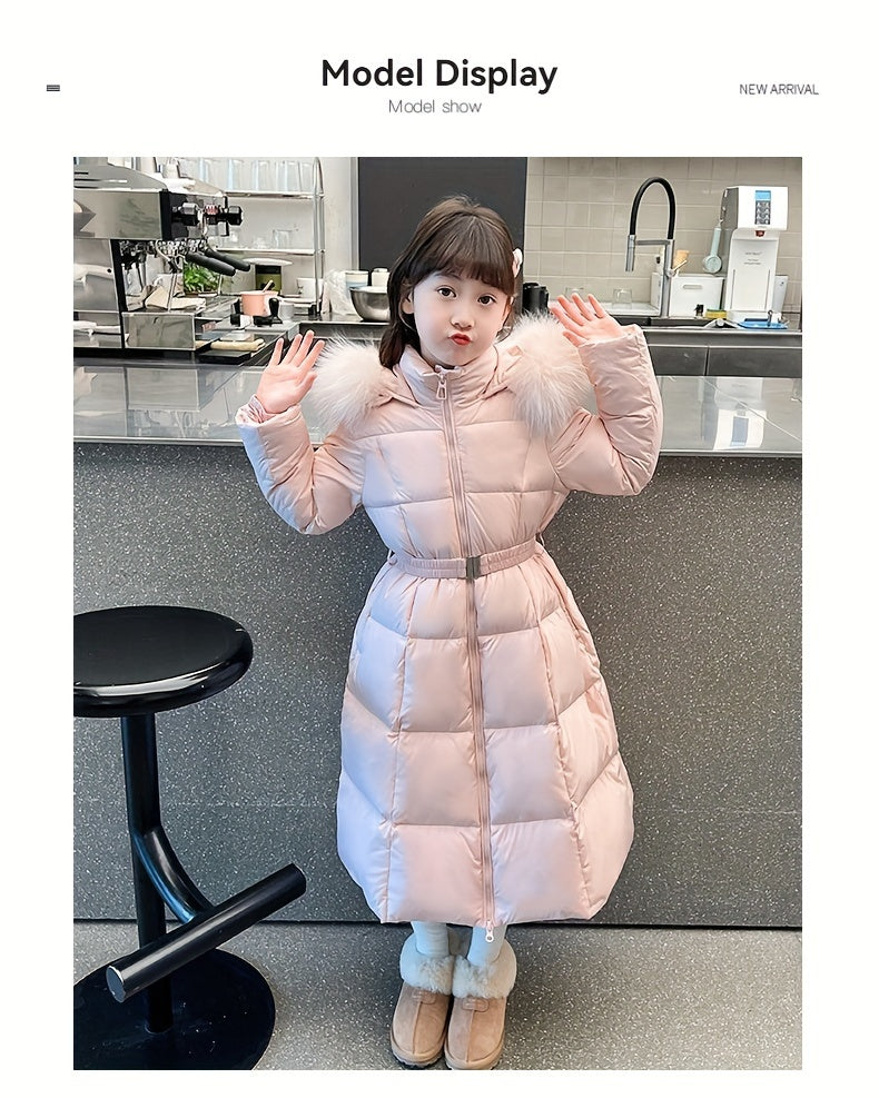 Elegant Long-Length Hooded Parka for Girls, Winter Slim Fit Puffer Coat with Belt, 100% Polyester Composition, Non-Stretch Solid Color with Flared Hem, Regular Sleeve - Kid's Outerwear
