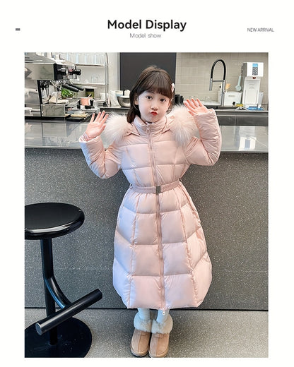 Elegant Long-Length Hooded Parka for Girls, Winter Slim Fit Puffer Coat with Belt, 100% Polyester Composition, Non-Stretch Solid Color with Flared Hem, Regular Sleeve - Kid's Outerwear