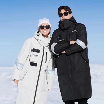 Unisex Casual Oxford Fabric Hooded Down Coat with Pockets, Long Over-the-Knee Style, Solid Color with Non-Stretch Fabric, Polyester Lining, Regular Fit Duck Down Insulation - Fashionable Longline Winter Parka