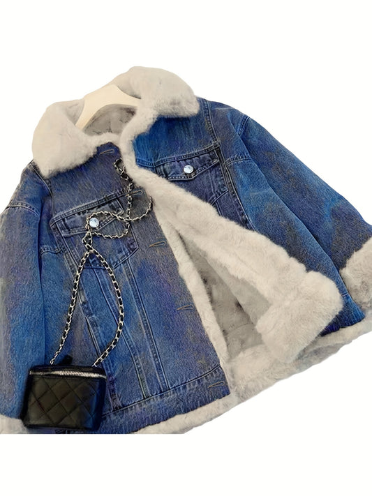 2025 Autumn And Winter Women'S Jacket Retro Plush Denim Jacket Casual Loose Thickened Casual Parka