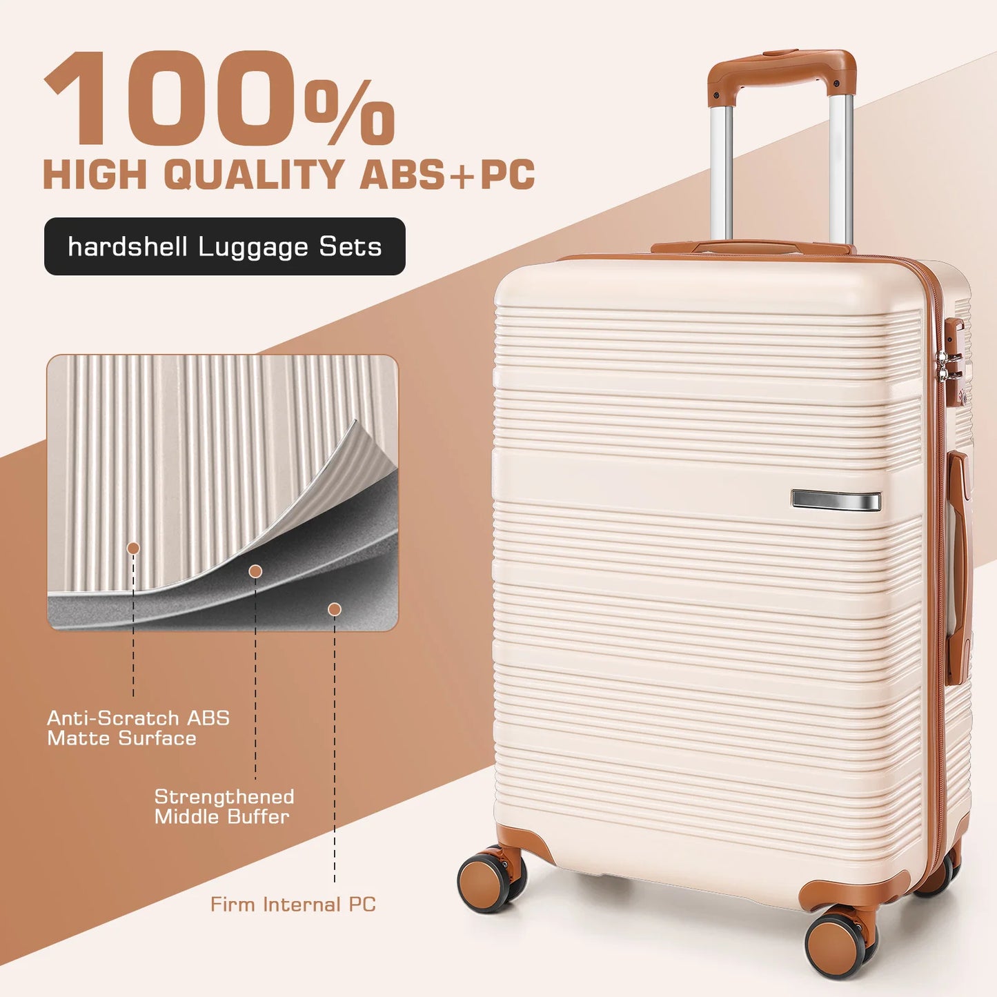 3pcs Luggage Lightweight Hardshell Luggage Set With TSA Lock 20"+24"+28" ABS+PC Spinner Suitcases Travel Case Silent 360° Wheels