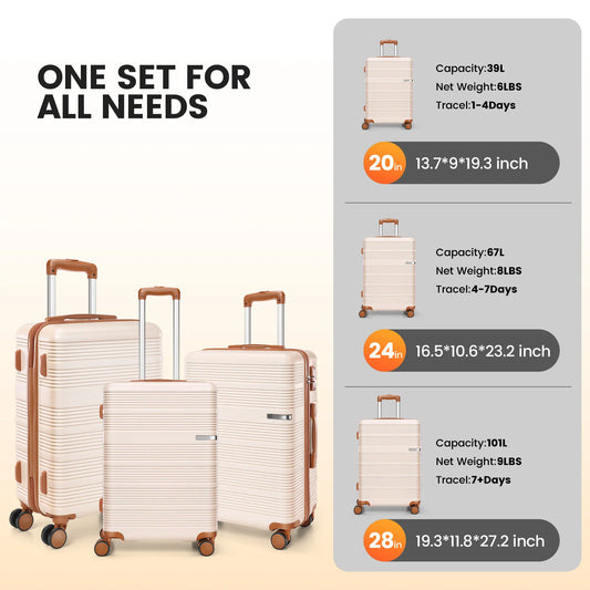 3 in 1 Luggage Sets,20/24/28in Suitcase Hard shell Durable PC+ABS Spinner Wheels TSA Lock Large Capacity for Adult Child Carryon