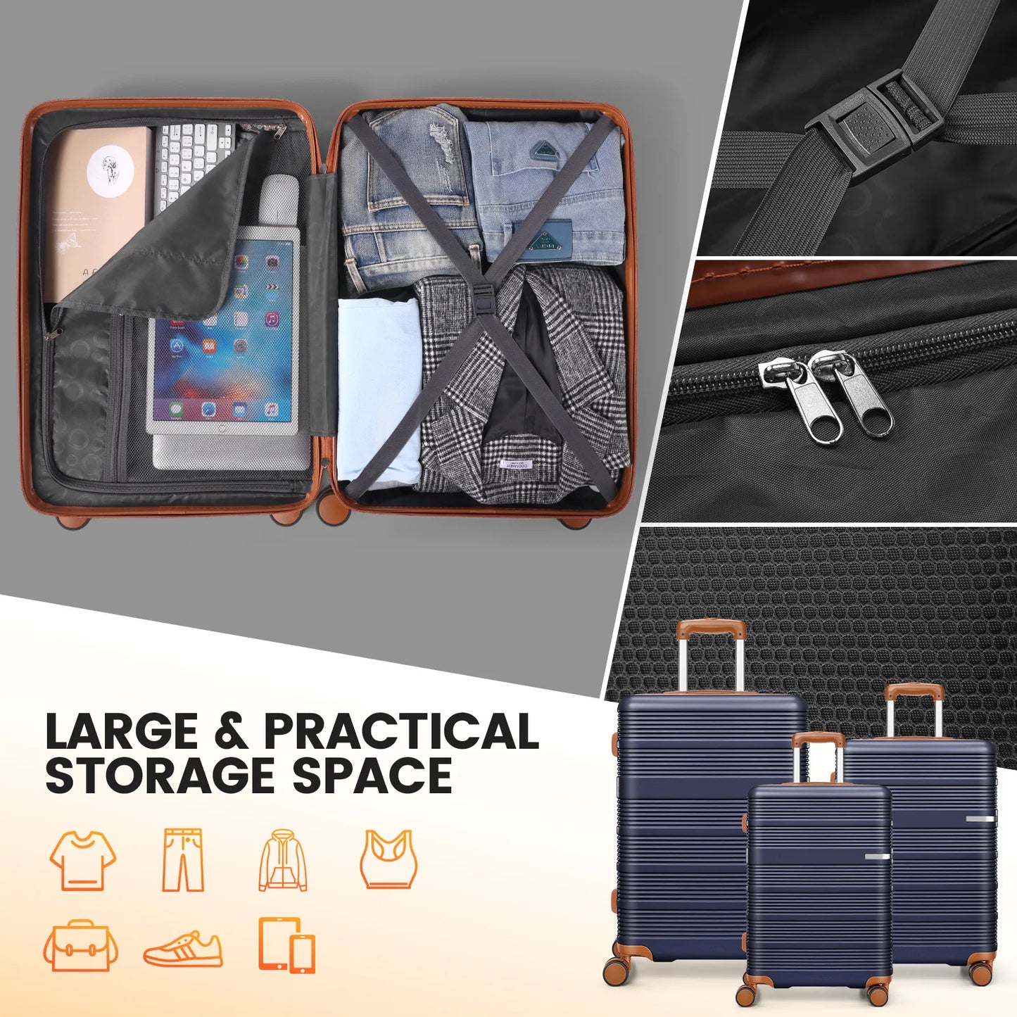 3 in 1 Luggage Sets,20/24/28in Suitcase Hard shell Durable PC+ABS Spinner Wheels TSA Lock Large Capacity for Adult Child Carryon