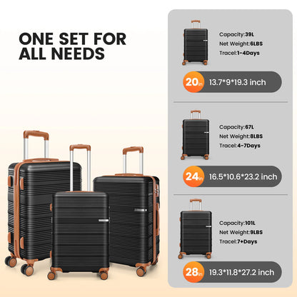 3 in 1 Luggage Sets,20/24/28in Suitcase Hard shell Durable PC+ABS Spinner Wheels TSA Lock Large Capacity for Adult Child Carryon
