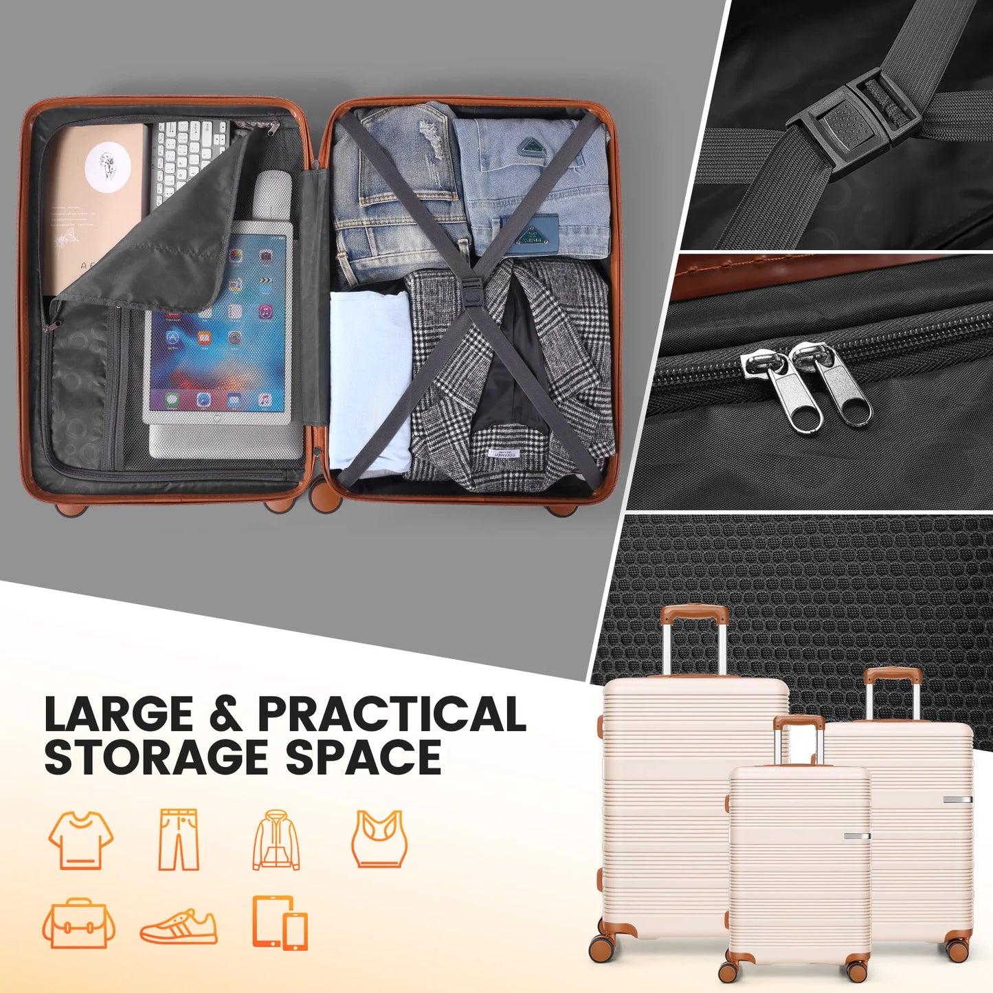 3 in 1 Luggage Sets,20/24/28in Suitcase Hard shell Durable PC+ABS Spinner Wheels TSA Lock Large Capacity for Adult Child Carryon