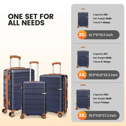 3 in 1 Luggage Sets,20/24/28in Suitcase Hard shell Durable PC+ABS Spinner Wheels TSA Lock Large Capacity for Adult Child Carryon
