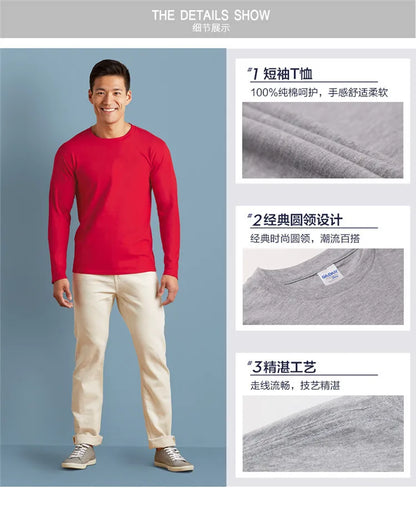 GILDAN 76400 Men 100% Cotton T-shirts Solid Long Sleeve O-Neck T Shirt Mens Tops Tees Basic Winter Autumn TShirts Male