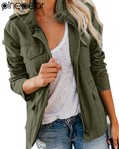 PinePear 2026 Spring Women Military Anorak Jackets Zip Up Snap Buttons Parka Safari Utility Coats Outwear with Pockets