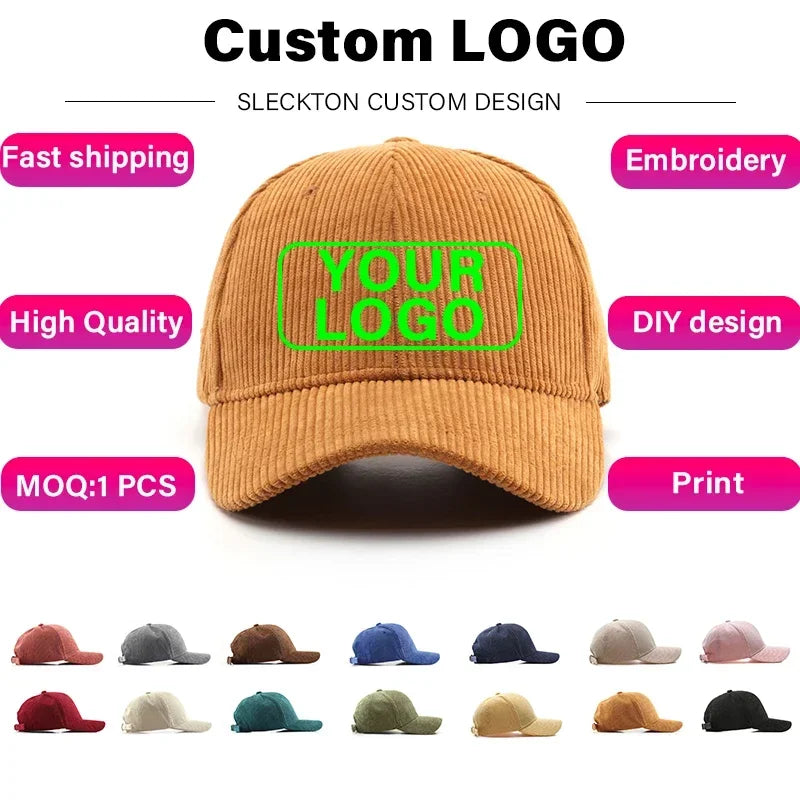 SLECKTON Custom Baseball Cap for Women and Men Fashion Design Brand LOGO Letter Embroidery Hats Corduroy Hats Unisex Wholesale