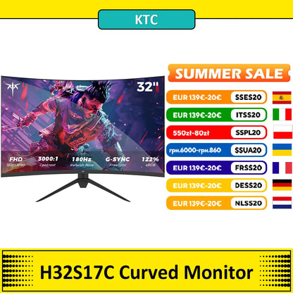 KTC 32inch H32S17C Curved Gaming Monitor,16:9Aspect Ratio,1920x1080@180HzResolution,16.7M 8Bit,32 Inch,180Hz Refresh Rate