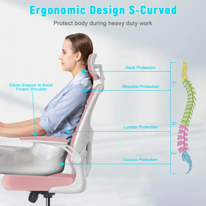 Pink Ergonomic Office Chair, Liftable High Back Gaming Chair with Lumbar Support Swivel Desk Gaming Chair Seat Depth Adjustable