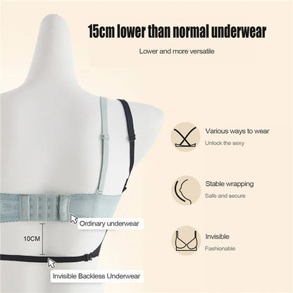 Women Invisible Bra Deep U Plunge Bras Backless Top for Dresses Sexy Lingerie with Transparent Strap Push Up Strapless Underwea