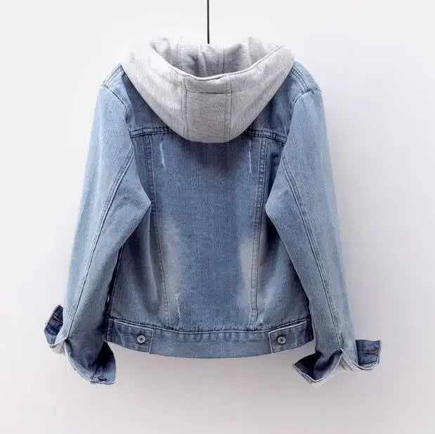 Women Denim Coat Hooded Single Breasted Button Jackets Hooded Patchwork Outerwear Cardigan Solid Pockets Streetwear Warm