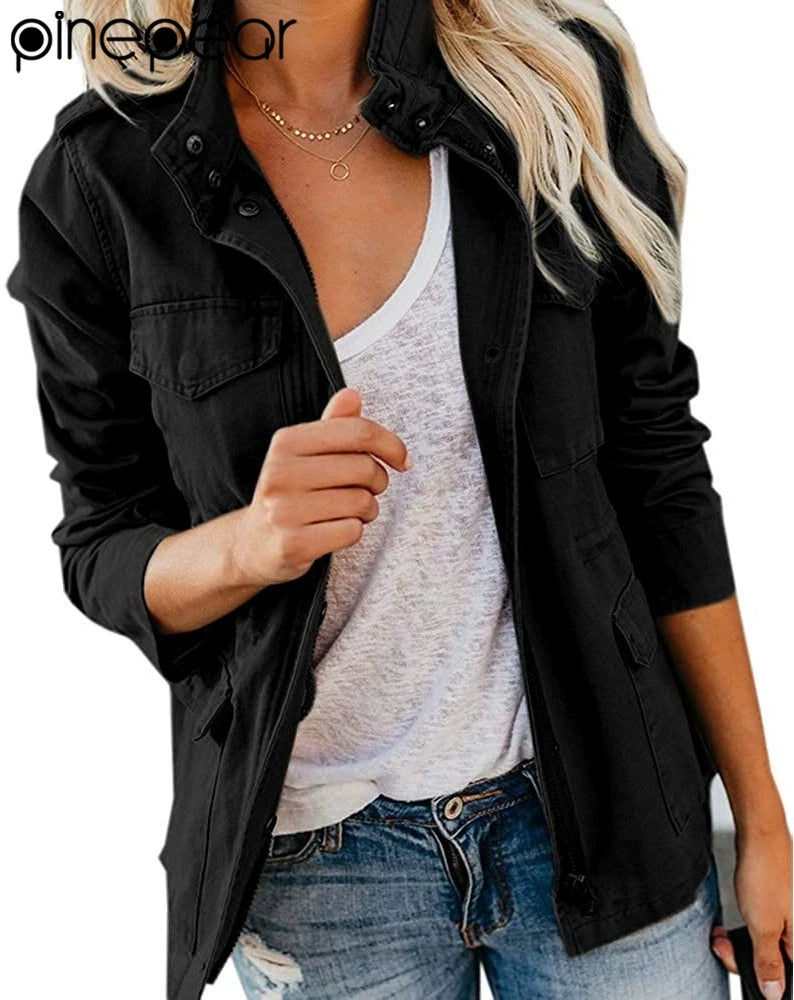 PinePear 2026 Spring Women Military Anorak Jackets Zip Up Snap Buttons Parka Safari Utility Coats Outwear with Pockets