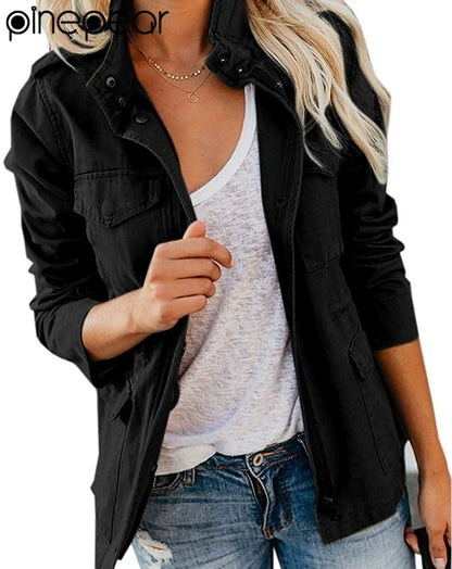 PinePear 2026 Spring Women Military Anorak Jackets Zip Up Snap Buttons Parka Safari Utility Coats Outwear with Pockets