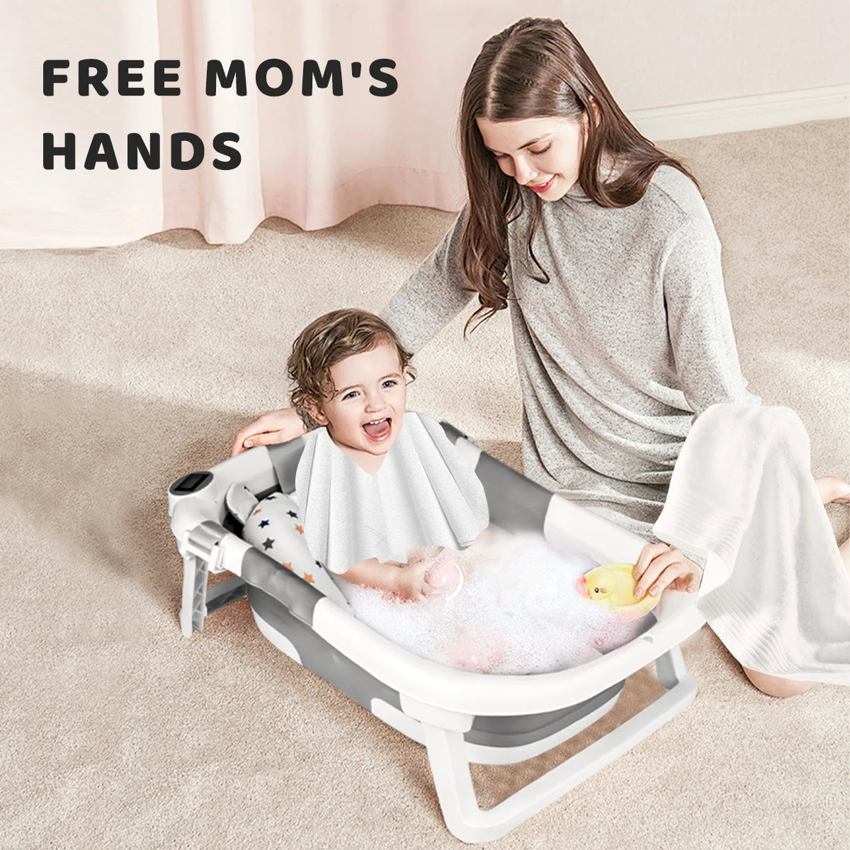 Foldable Baby Bathtub, Baby Bathtub With Soft Cushion And Thermometer, Portable Travel Baby Bathtub