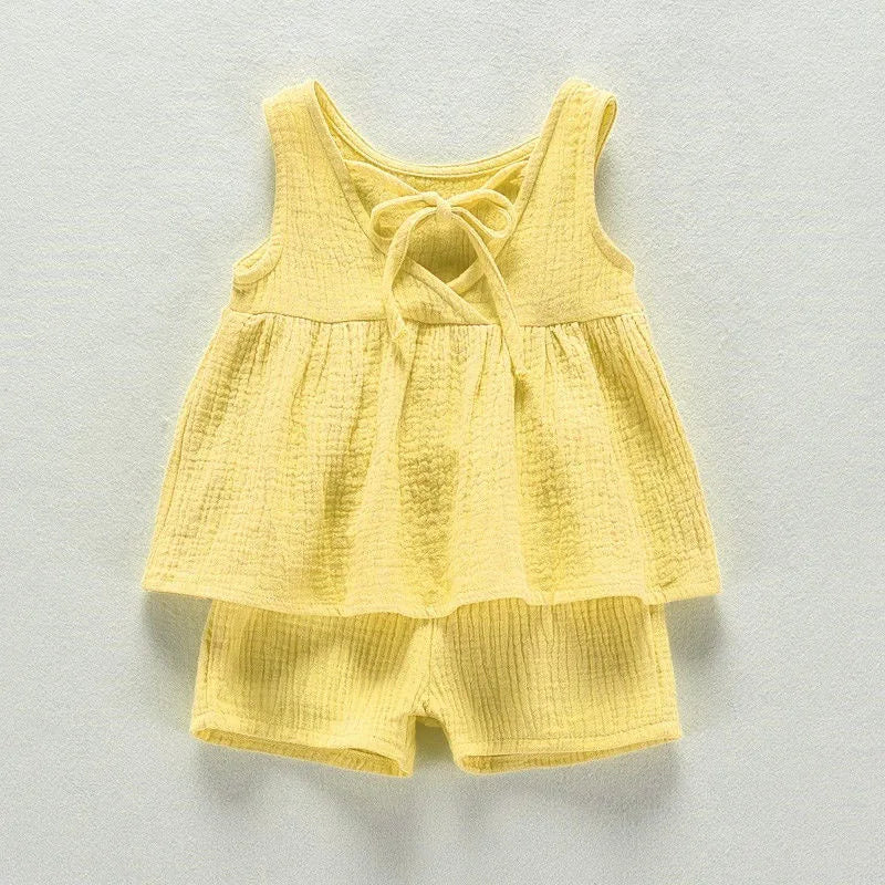 Baby Girls Outfits Clothes Summer Muslin Cotton Sleeveless Vest Dress Shorts Shirt Suits Fashion Top+Trousers Sets 2pcs 0-4T