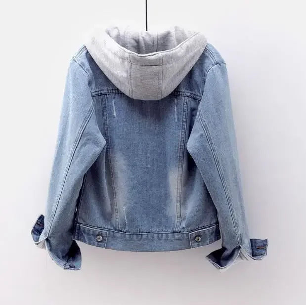 Women Denim Coat Hooded Single Breasted Button Jackets Hooded Patchwork Outerwear Cardigan Solid Pockets Streetwear Warm