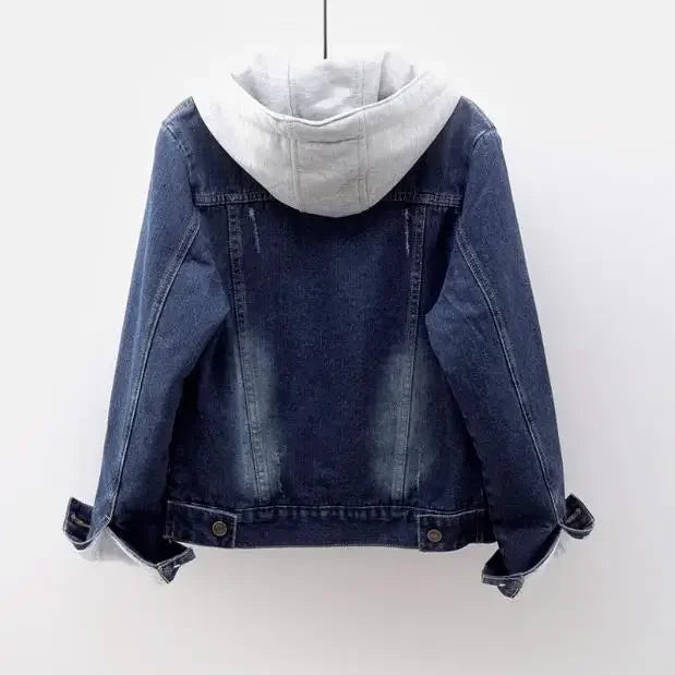 Women Denim Coat Hooded Single Breasted Button Jackets Hooded Patchwork Outerwear Cardigan Solid Pockets Streetwear Warm