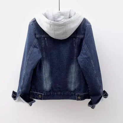 Women Denim Coat Hooded Single Breasted Button Jackets Hooded Patchwork Outerwear Cardigan Solid Pockets Streetwear Warm