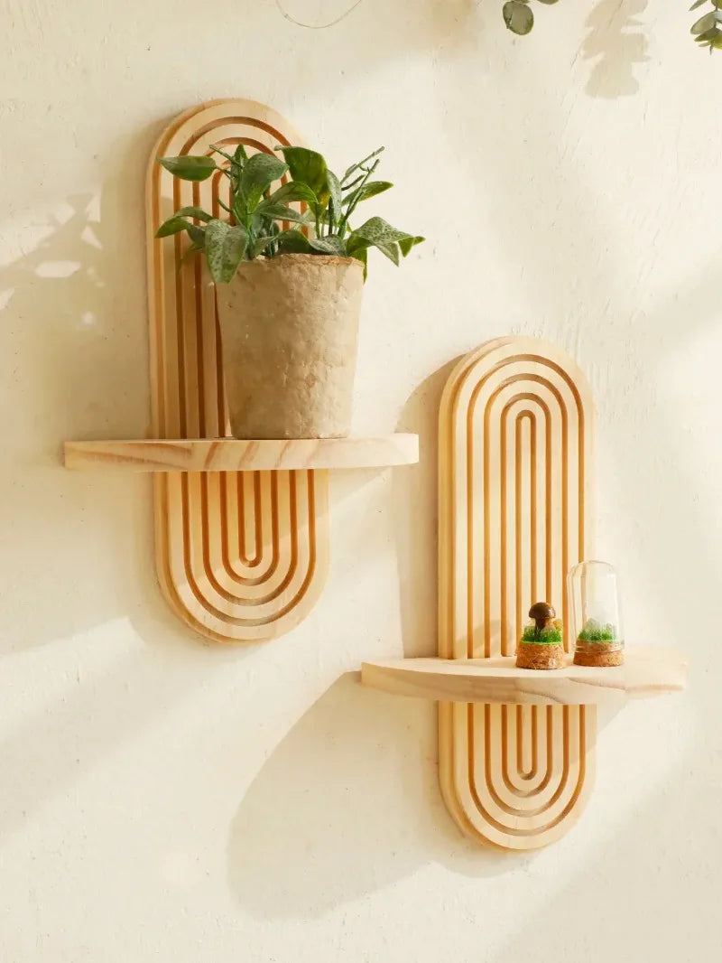 1Pc Wooden Wall Mounted Shelves, Boho Style Rack, Modern Home Decor for Living Room, Bathroom Display Decoration