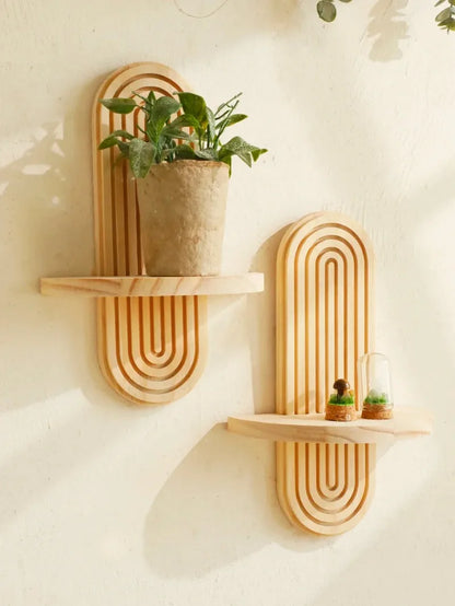 1Pc Wooden Wall Mounted Shelves, Boho Style Rack, Modern Home Decor for Living Room, Bathroom Display Decoration