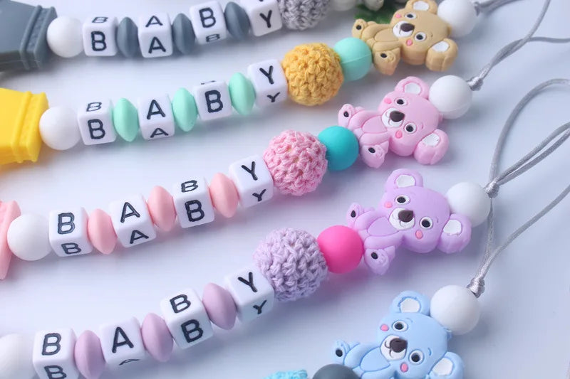 Handmade free personalized name silicone baby pacifier clip silicone crown koala pacifier chain holder baby safe teethin