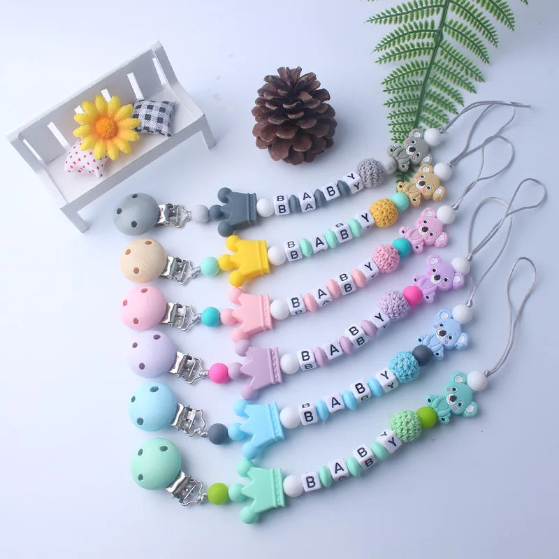 Handmade free personalized name silicone baby pacifier clip silicone crown koala pacifier chain holder baby safe teethin