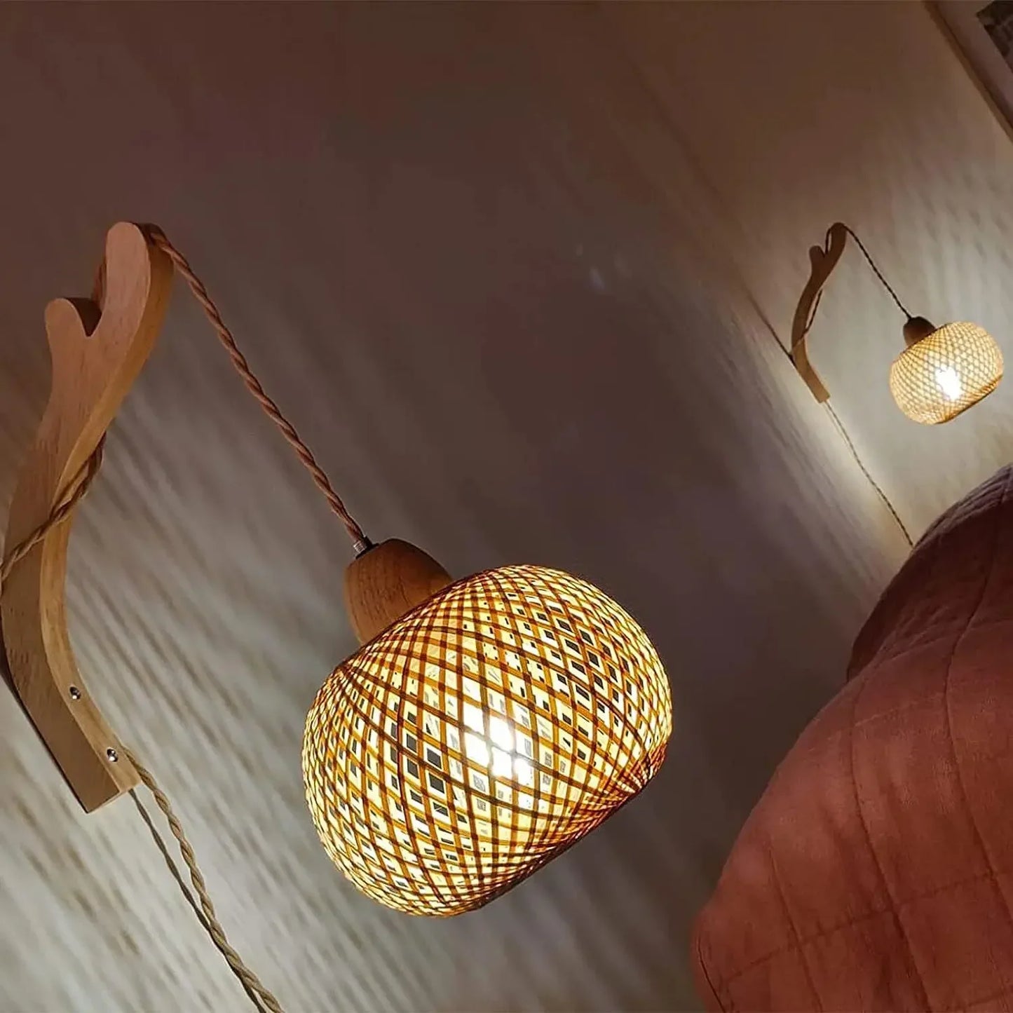 Bamboo Lantern Wall Lamp Natural Rattan Wicker E27 Chandeliers Hand-Woven Bamboo Room Decor Lampshades Wall Light Fixtures