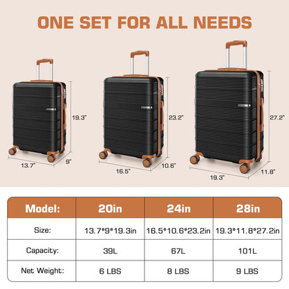 3pcs Luggage Lightweight Hardshell Luggage Set With TSA Lock 20"+24"+28" ABS+PC Spinner Suitcases Travel Case Silent 360° Wheels