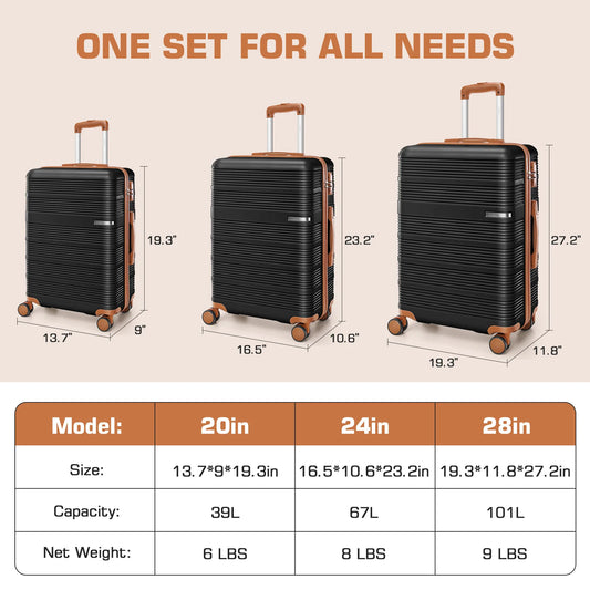 3pcs Luggage Lightweight Hardshell Luggage Set With TSA Lock 20"+24"+28" ABS+PC Spinner Suitcases Travel Case Silent 360° Wheels