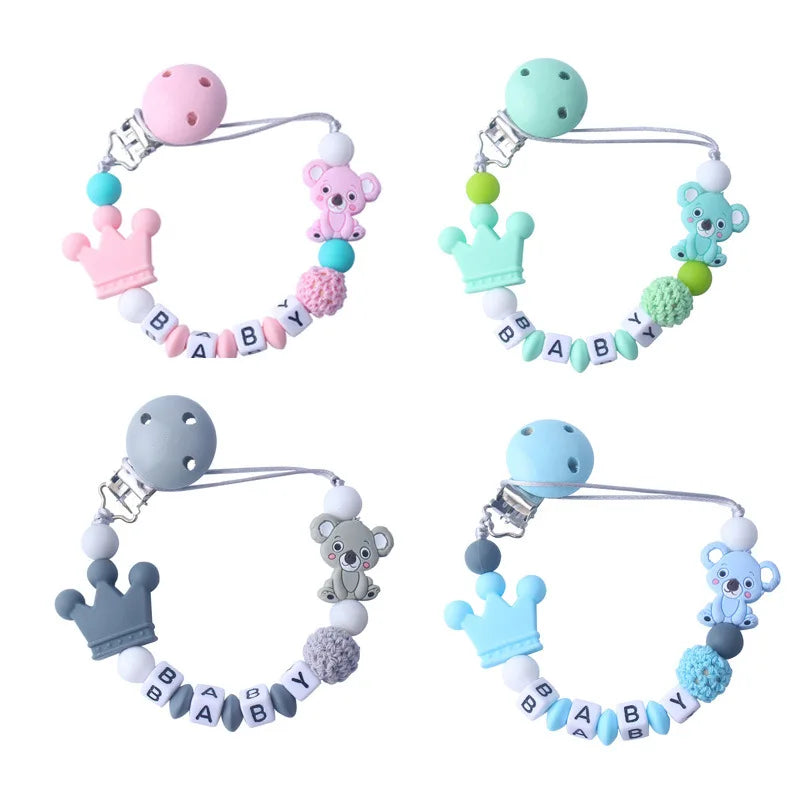 Handmade free personalized name silicone baby pacifier clip silicone crown koala pacifier chain holder baby safe teethin