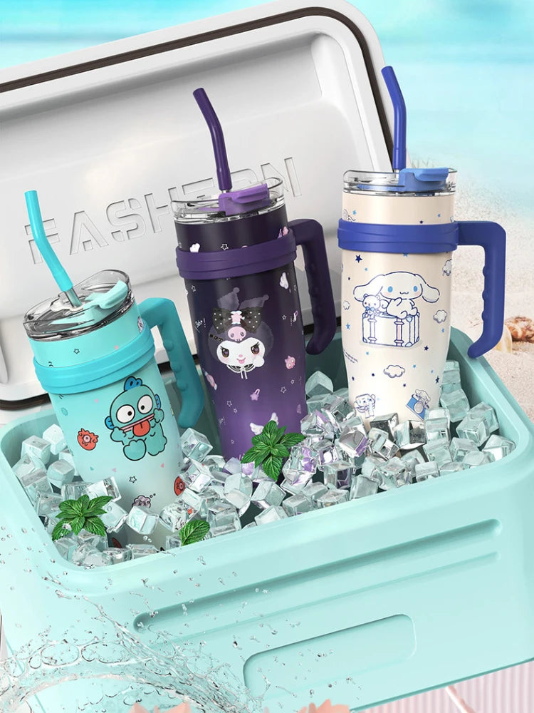 Sanrio Big Mac Insulated Cup 1200ml Vacuum Insulated Tumbler with Straw Cute Hello Kitty Kuromi Melody Thermos Hot and Cold