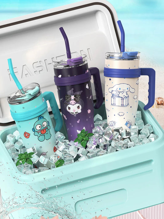Sanrio Big Mac Insulated Cup 1200ml Vacuum Insulated Tumbler with Straw Cute Hello Kitty Kuromi Melody Thermos Hot and Cold