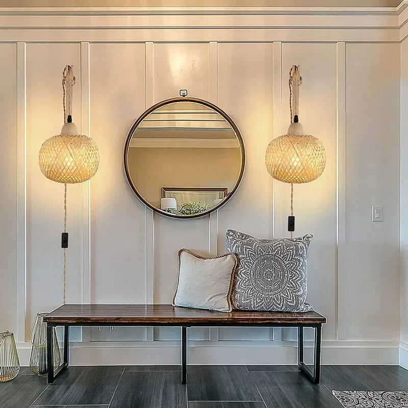 Bamboo Lantern Wall Lamp Natural Rattan Wicker E27 Chandeliers Hand-Woven Bamboo Room Decor Lampshades Wall Light Fixtures