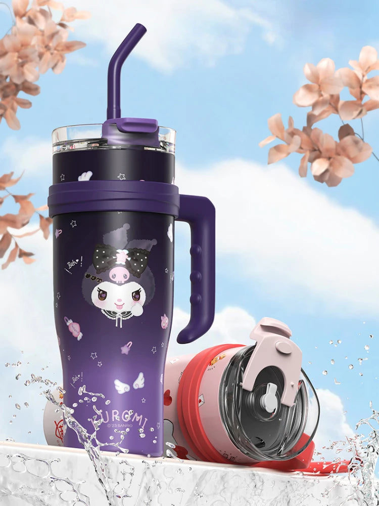Sanrio Big Mac Insulated Cup 1200ml Vacuum Insulated Tumbler with Straw Cute Hello Kitty Kuromi Melody Thermos Hot and Cold