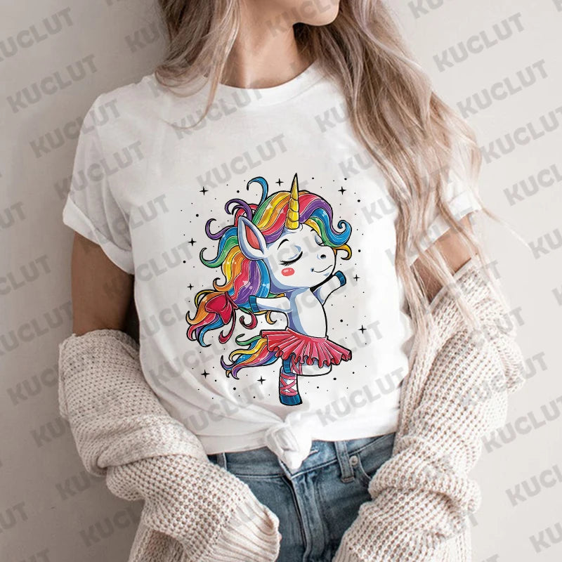 Unicorn Ballet T Shirt Women Dance Designer Anime Top Girl Graphic T Shirts Womens Funny Clothes Short Sleeve Clothing Dance Tee
