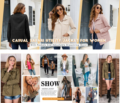 PinePear 2026 Spring Women Military Anorak Jackets Zip Up Snap Buttons Parka Safari Utility Coats Outwear with Pockets