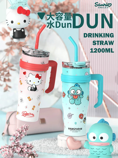 Sanrio Big Mac Insulated Cup 1200ml Vacuum Insulated Tumbler with Straw Cute Hello Kitty Kuromi Melody Thermos Hot and Cold