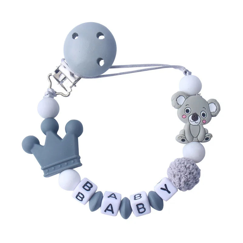 Handmade free personalized name silicone baby pacifier clip silicone crown koala pacifier chain holder baby safe teethin