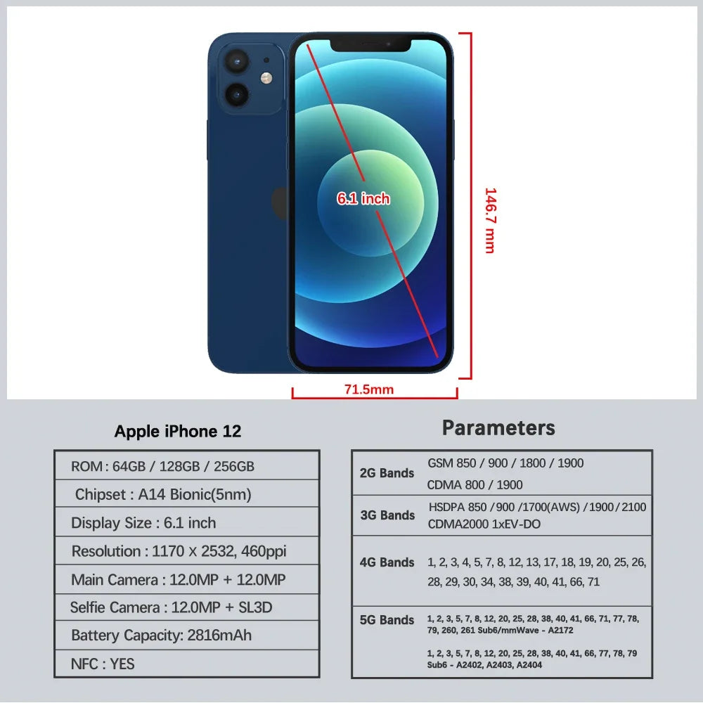 Original iPhone 12 5G Mobile Phone 64/128GB IOS A14 Bionic Hexacore 6.1'' Dual 12MP Super Retina XDR OLED IOS Cellphone