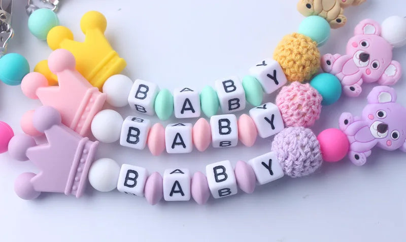 Handmade free personalized name silicone baby pacifier clip silicone crown koala pacifier chain holder baby safe teethin